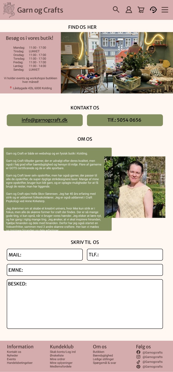 Contact page with opening hours, the shop address in Kolding, a note from the owner and a contact form.