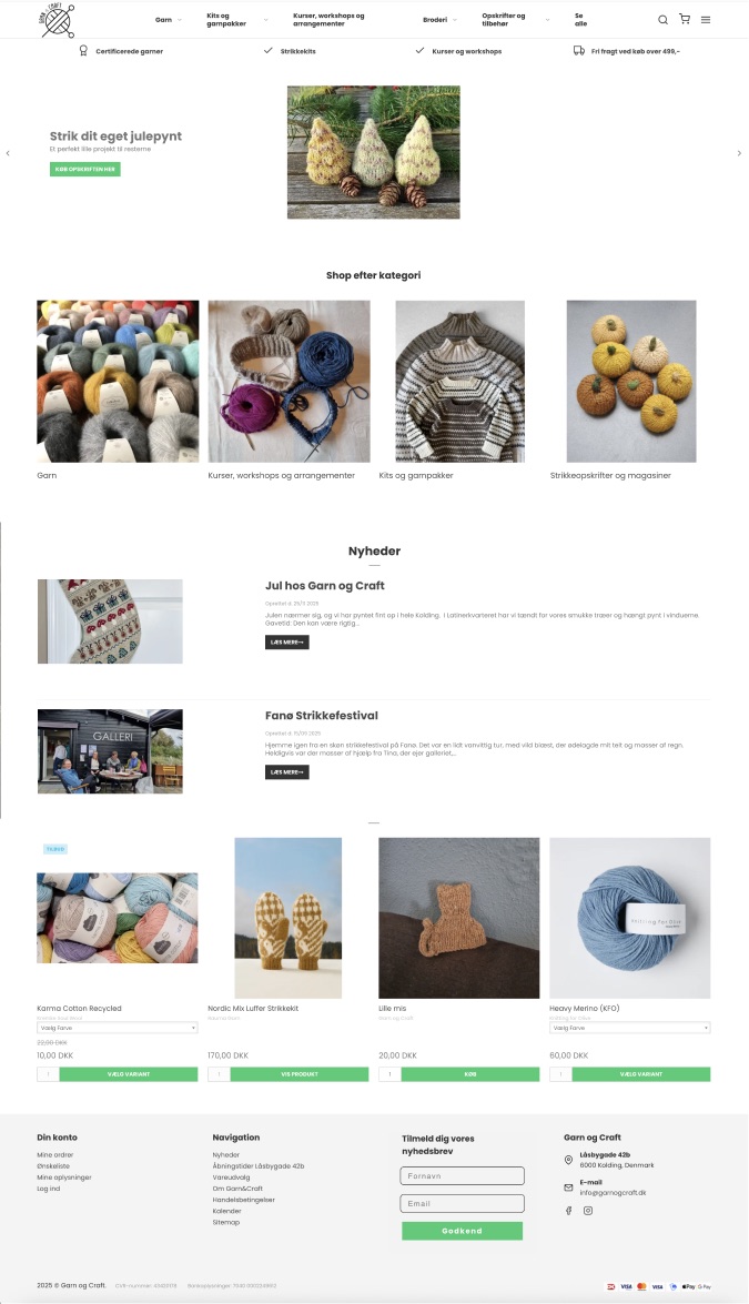 Screenshots of the current Garn & Craft website: a plain webshop layout with photos of yarn.