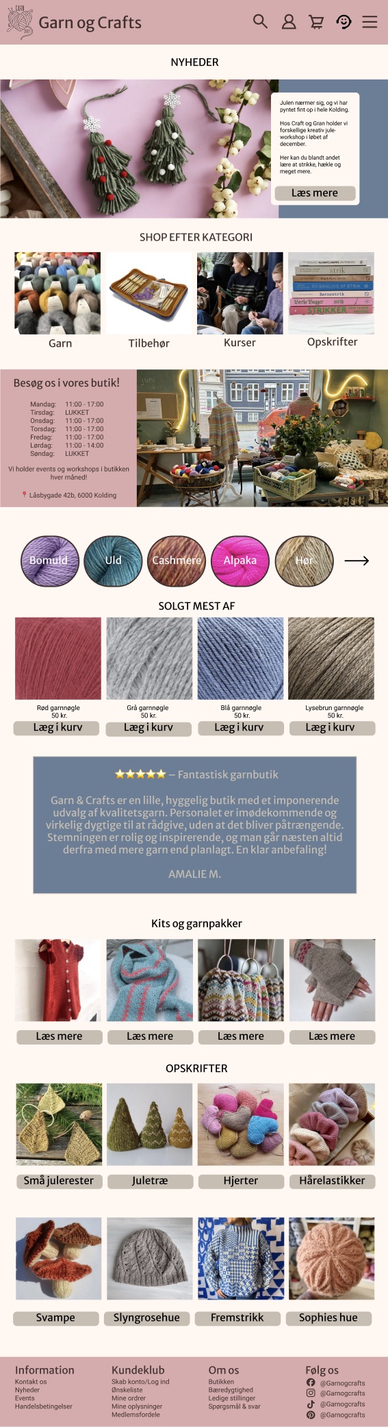 Suggested frontpage: news and events, shop by category, a yarn type selector, best sellers, reviews, kits and recipes, and a dusty rose footer.