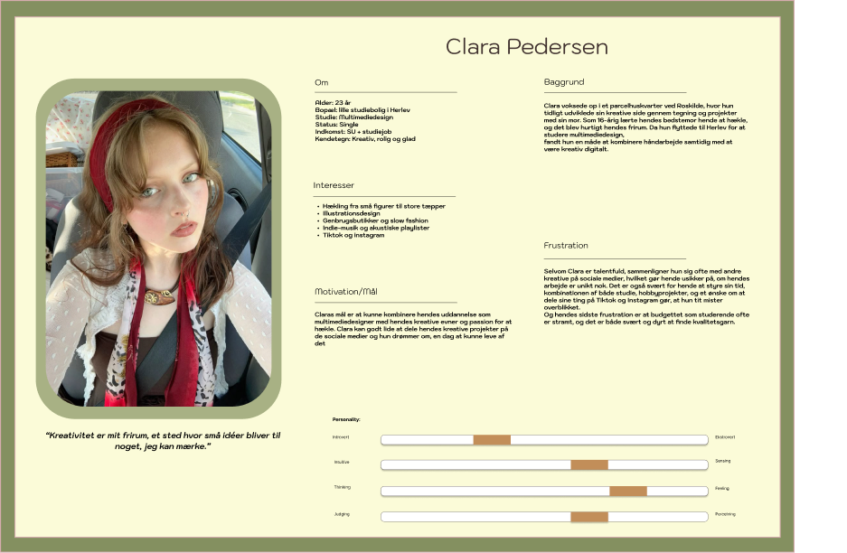 Persona card for Clara Pedersen with a photo, background, interests and personality scales.