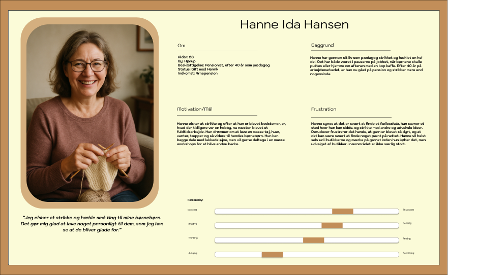 Persona card for Hanne Ida Hansen with a photo, background, motivations, frustrations and personality scales.
