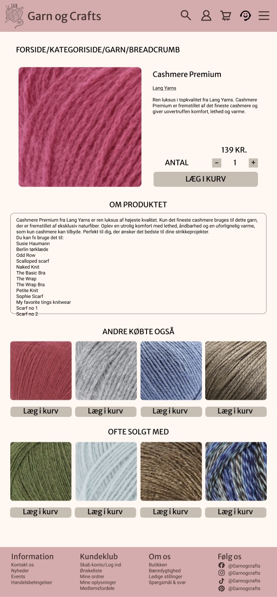 Product page for Cashmere Premium yarn with price, quantity, an “add to basket” button and recommendations.