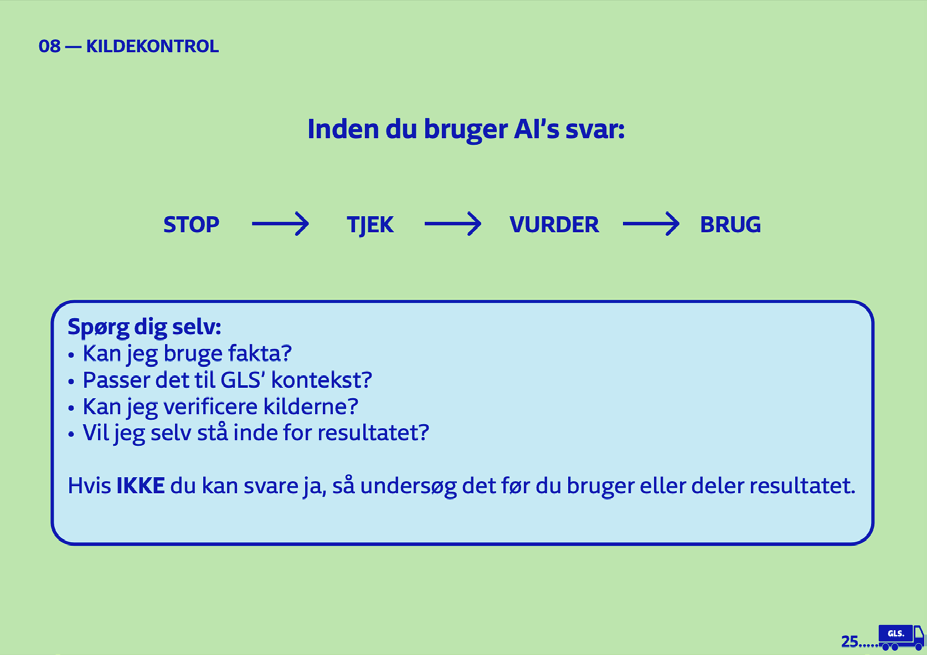 GLS blue and green checklist for checking an AI answer before using it.