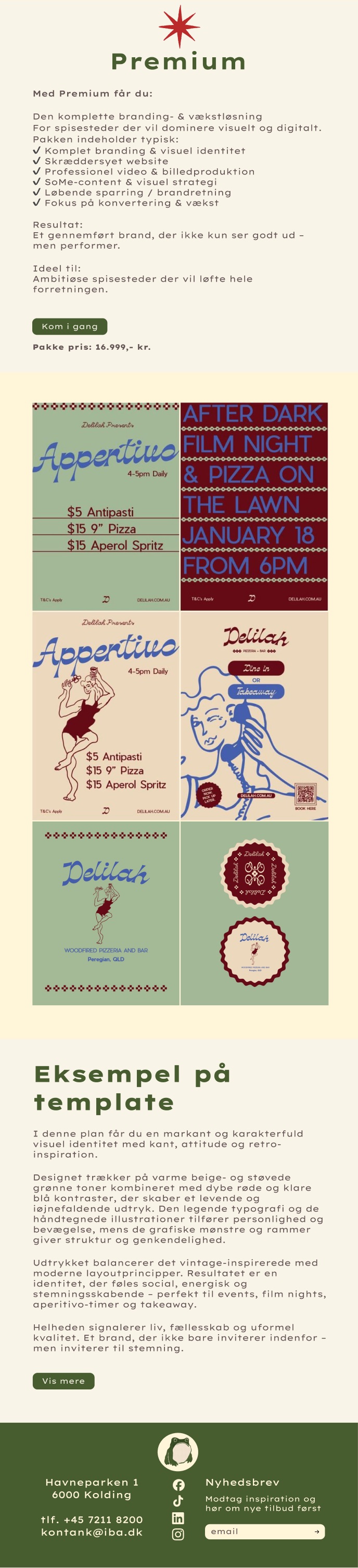 OVIO package page “Premium”: the full branding and growth package, with an example template showing “Aperitivo” and “After dark film night” posters.