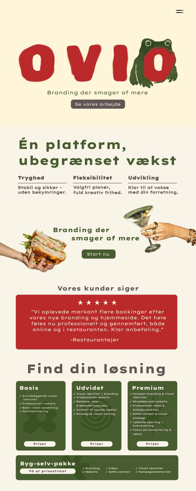 Top of the OVIO frontpage: logo, the headline “Én platform, ubegrænset vækst”, three pillars, a five-star review and the packages Basis, Udvidet and Premium.