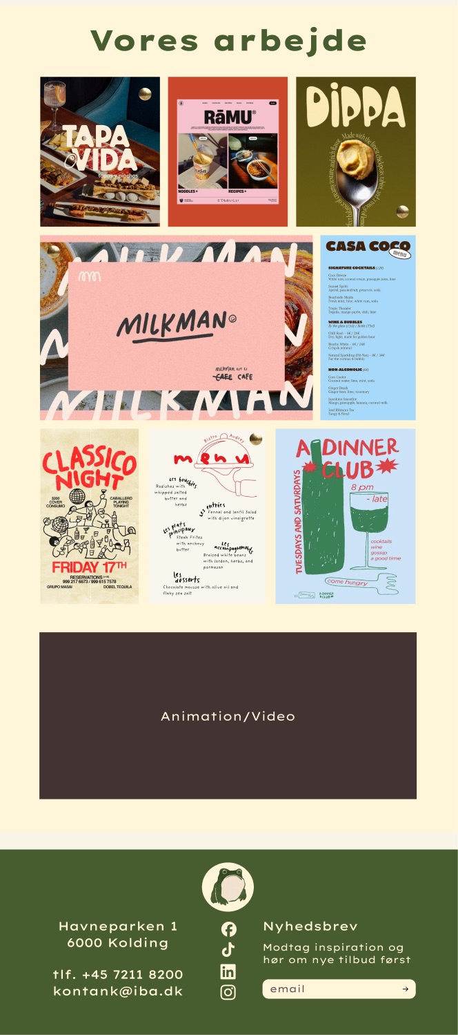 Lower part of the OVIO frontpage: the “Vores arbejde” portfolio grid with restaurant branding, menus and posters, and the green footer.