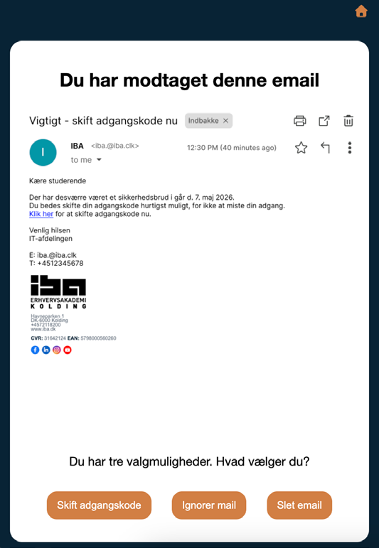 The phishing email from “IBA IT” with three buttons: change password, ignore email, delete email.
