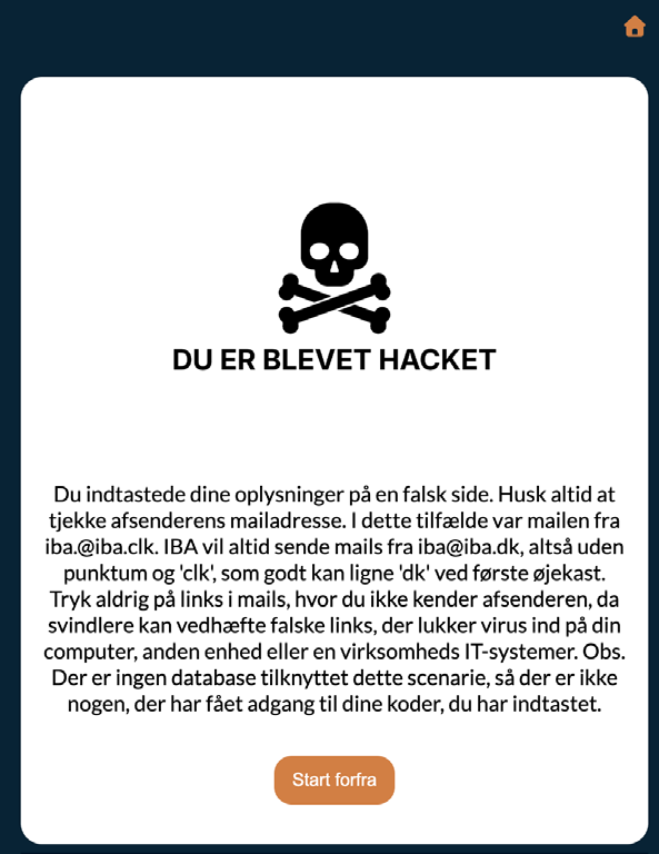 The “you have been hacked” screen with a skull and an explanation of the warning signs.