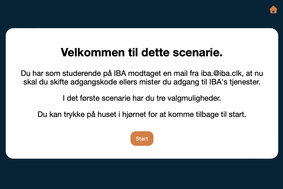 Welcome screen of the scenario, with Danish instructions and a Start button.