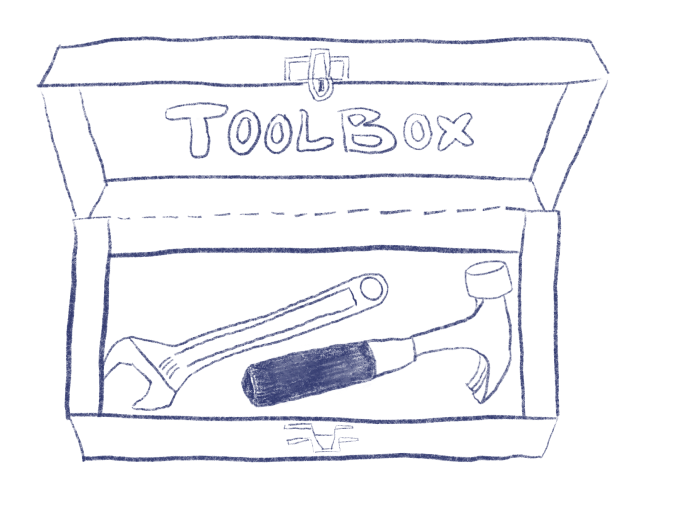 Hand-drawn sketch of an open toolbox with a wrench and a hammer inside.